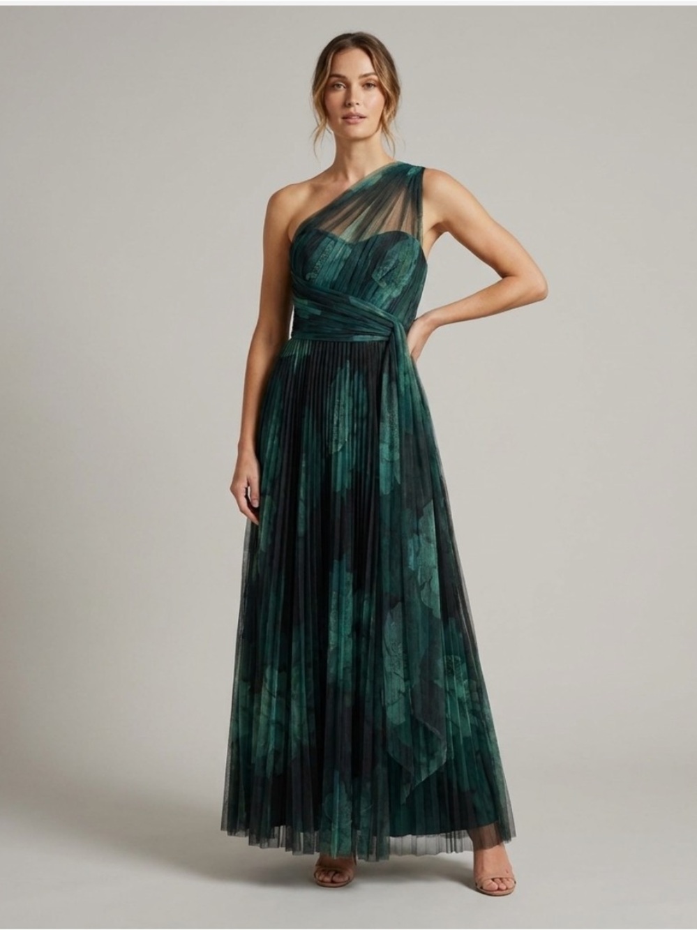 Hutch Philippa One-Shoulder Green Floral Mesh Gown
